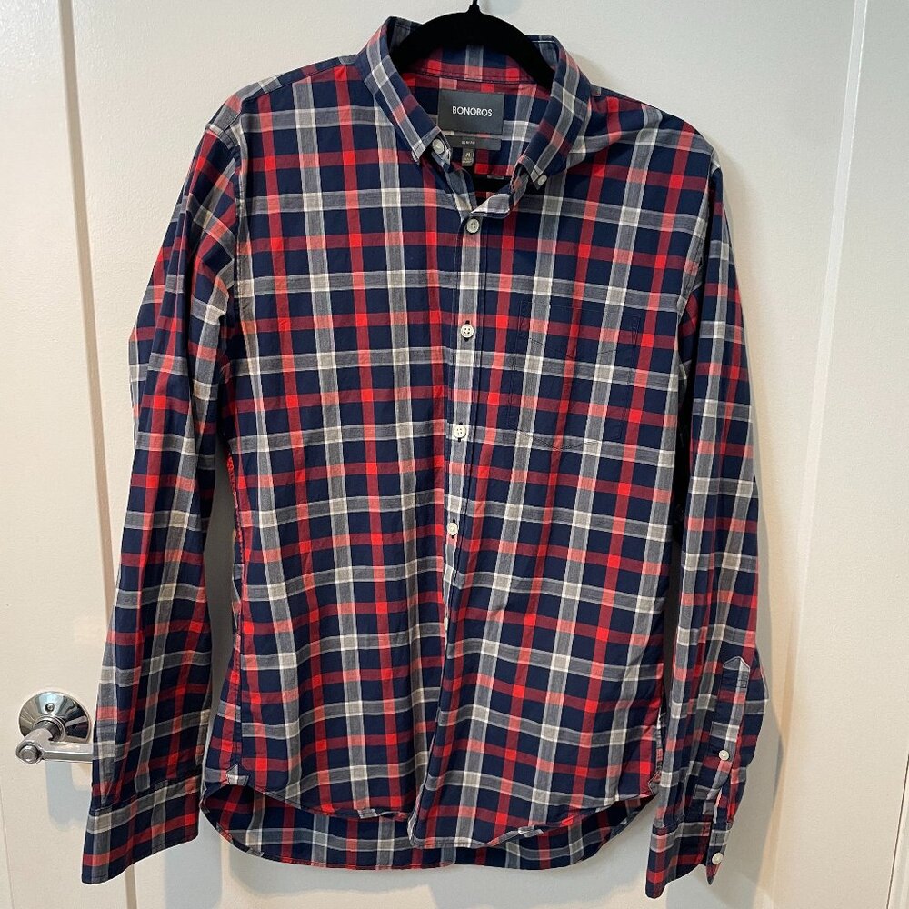 Bonobos Button Down Shirt Navy Blue, Red, and White Check - Medium